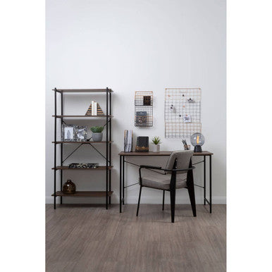 Black metal desk with dark oak veneer top paired with gray upholstered chair and matching black metal shelving unit