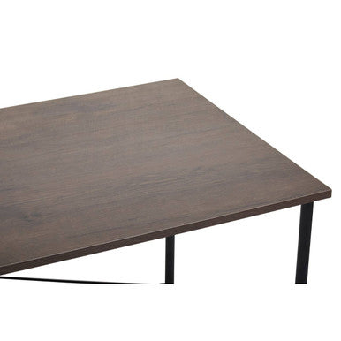 Dark brown wooden bradbury desk with black metal legs and dark oak veneer top for stylish workspace setup