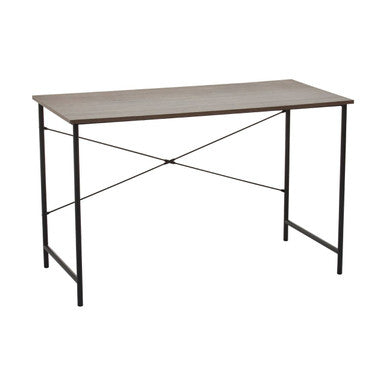 Modern gray tabletop desk with black metal frame and x-shaped braces featuring a dark oak veneer top