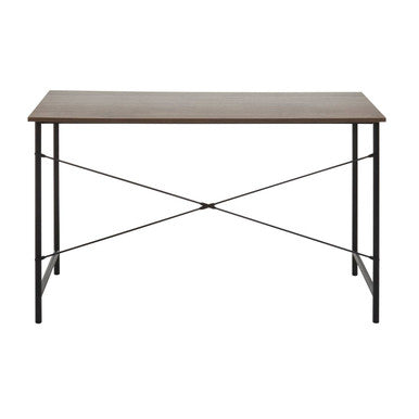 Modern minimalist desk with dark oak veneer top and black metal legs featuring an x-shaped cross-brace design