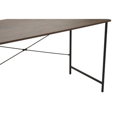 Modern rectangular desk with dark oak veneer top and black metal legs featuring an x-shaped cross brace