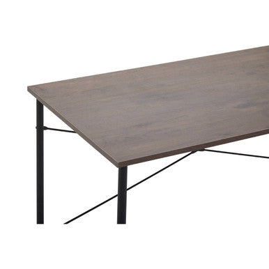 A sleek modern dark oak veneer top desk with a gray wood-grain surface and black metal legs with diagonal crossbars