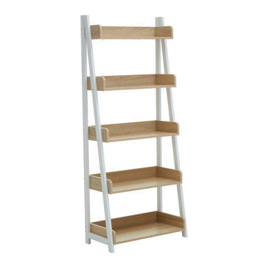 White and light wood bradbury five tier natural oak ladder shelf unit with five slanted shelves for display or storage