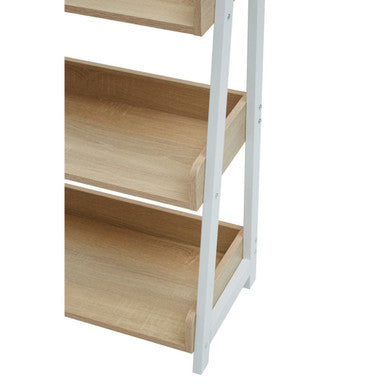 White ladder-style bradbury five tier shelf unit with natural oak light wood-toned drawers and five tier natural design