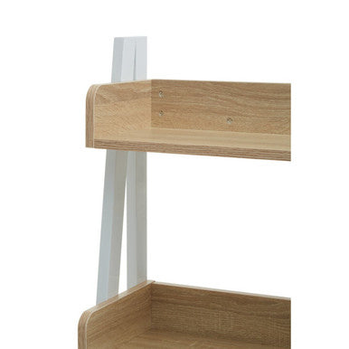 Light wood and white metal bradbury five tier natural oak ladder shelf unit with a modern minimalist design
