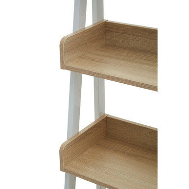 White and natural oak bradbury five tier ladder shelf unit with angled shelves and light wood finish