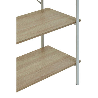 Bradbury five tier natural oak shelf unit with light wood finish shelves and slender white metal legs