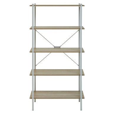 Modern bradbury five tier natural oak shelf unit with light wood shelves and sleek silver metal frame