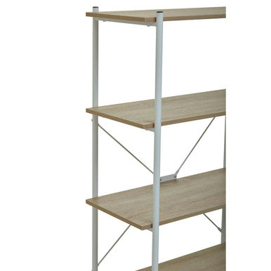 White metal bradbury five tier shelf unit with natural oak shelves and diagonal support braces in five tier natural style