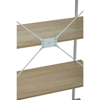 Bradbury five tier natural oak shelf unit with light oak wood shelves and white metal frame with diagonal braces