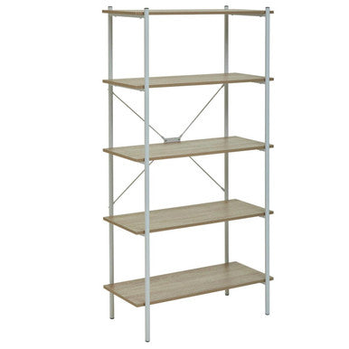 Bradbury five tier natural oak shelf unit with light wood shelves and silver metal frame with diagonal cross-bracing