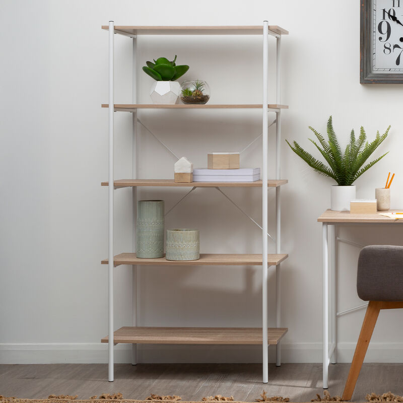 Modern bradbury five tier natural oak shelf unit with white metal frame and light wood-tone five tier natural shelves