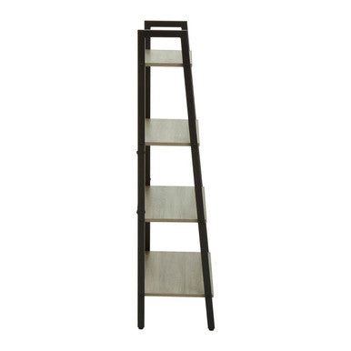 Black metal ladder shelf with four light grey oak veneer shelves in the bradbury four tier grey oak veneer ladder shelf unit