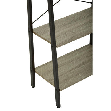 Black metal frame ladder shelf with three grey oak veneer wood grain shelves for stylish storage and display