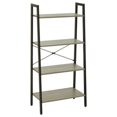 Modern grey oak veneer ladder shelf unit with black metal frame and diagonal cross-bracing for stylish storage