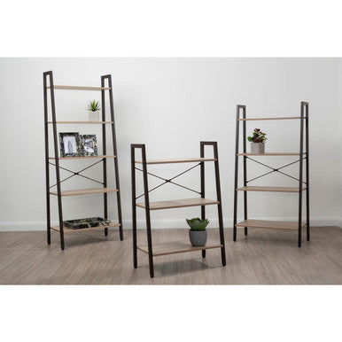 Black metal ladder shelf with four light wood-toned grey oak veneer shelves in bradbury grey oak veneer unit