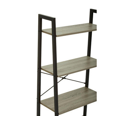 Modern ladder-style bookshelf with four grey oak veneer shelves and black metal frame for stylish storage