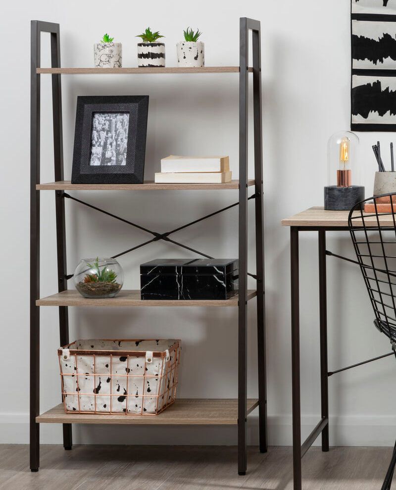 Black metal frame ladder shelf with four grey oak veneer shelves in the bradbury grey oak oak veneer unit