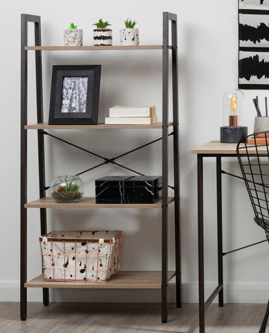 Black metal frame ladder shelf with four grey oak veneer shelves in the bradbury grey oak oak veneer unit