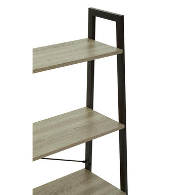 Black metal ladder shelf with three grey oak veneer shelves in the bradbury four tier grey oak veneer ladder shelf unit