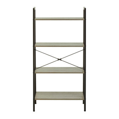 Black metal frame ladder shelf unit with four grey oak veneer shelves and diagonal cross-bracing for support