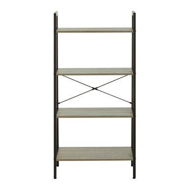 Black metal ladder shelf with four grey oak veneer shelves and diagonal cross braces for stylish storage