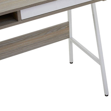 Gray wood-grain bradbury light oak veneer desk with white drawer and metal legs for stylish workspace setup