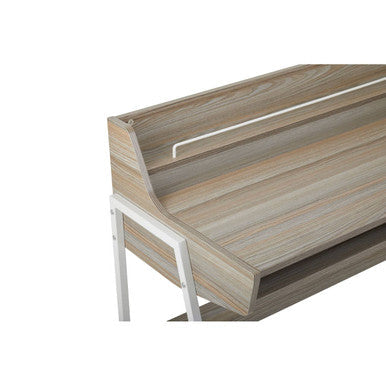 Gray wood-grain bradbury light oak veneer desk with white metal legs and built-in shelf for workspace organization