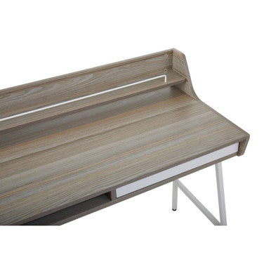 Modern gray wood grain desk with white drawers and metal legs featuring bradbury light oak veneer finish