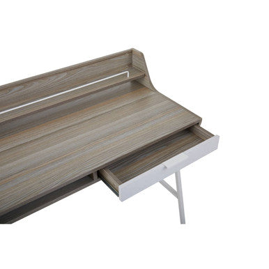 Modern gray wood-grain bradbury light oak veneer desk with sleek white drawer and minimalist metal legs