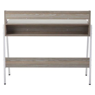 Modern bradbury light oak veneer desk with gray wood grain top white metal legs and built-in shelf