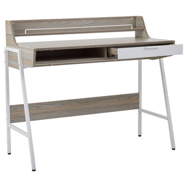 Modern gray wood grain desk with white metal legs and single drawer in bradbury light oak veneer finish