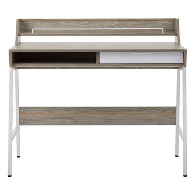 Modern gray wood grain desk with white drawer and metal legs in bradbury light oak veneer finish