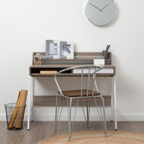Modern gray wood grain bradbury light oak veneer desk with white legs and matching metal chair with wooden seat