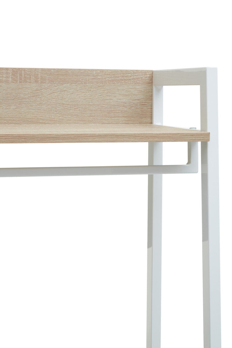 Modern minimalist desk with a light oak top and white metal frame in bradbury natural oak effect style