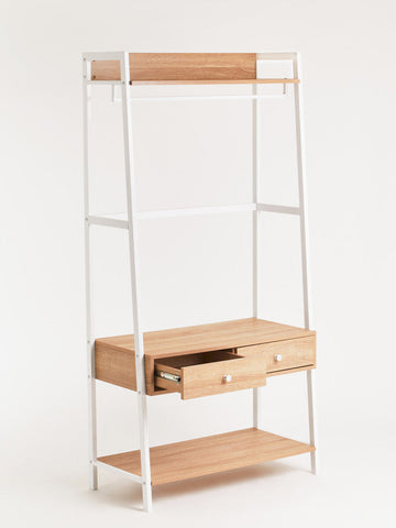 Modern white metal frame open wardrobe with natural oak light wood shelves and drawers bradbury natural oak effect