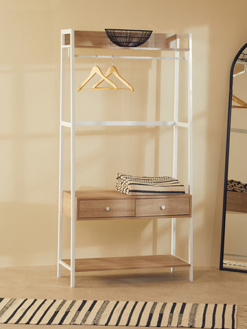 White metal frame open wardrobe with light wood shelves and drawers in bradbury natural oak effect design