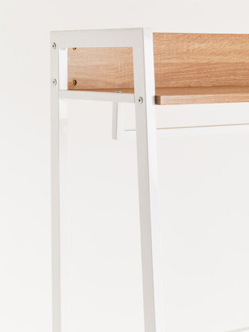 White metal frame with light wood shelf detail on bradbury natural oak effect open wardrobe