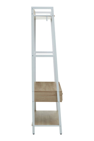 White metal frame ladder shelf with light wood shelves and drawer in bradbury natural oak natural oak finish