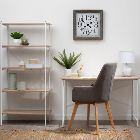 Gray upholstered chair with wooden legs paired with bradbury natural oak top desk for stylish home office setup