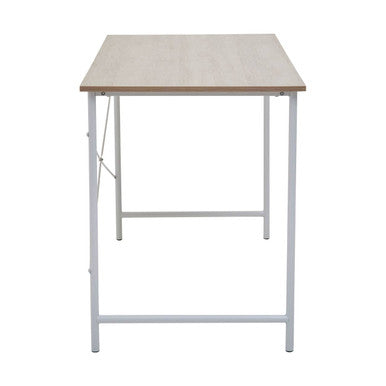 A minimalist bradbury natural oak top desk with light wood grain and slender white metal legs for a clean workspace