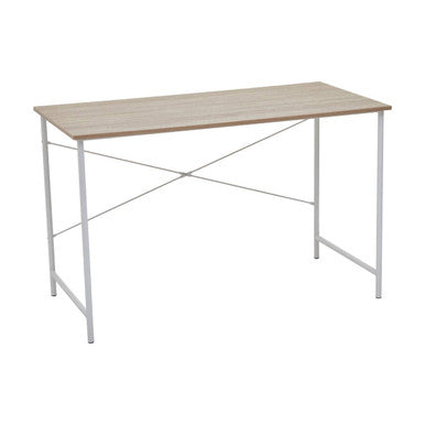 Minimalist bradbury natural oak top desk with light wood-grain tabletop and slender silver x-shaped metal legs
