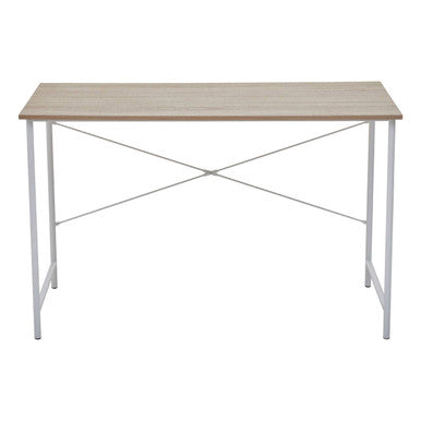 Minimalist bradbury natural oak top desk with light wood surface and silver metal legs with x-shaped cross brace