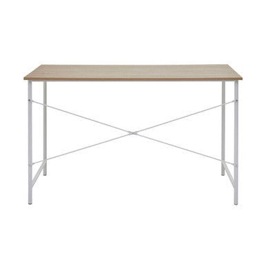 Minimalist bradbury natural oak top desk with light wood top and white metal legs with x-shaped cross-brace design