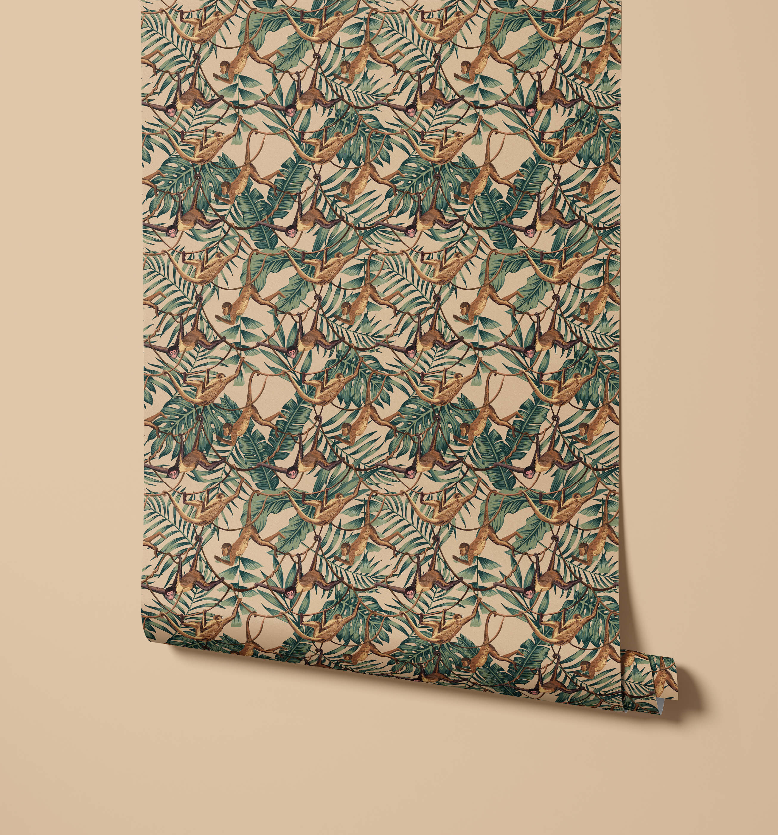 Beige wallpaper called bradley with a repeating pattern of brown monkeys hanging from green tropical leaves