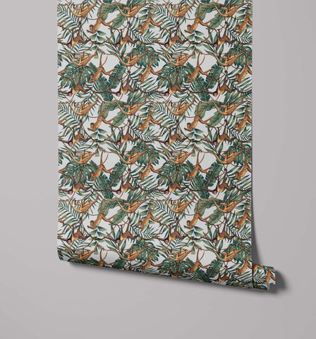 A roll of bradley jungle-themed wallpaper with brown monkeys and green leaves on white background