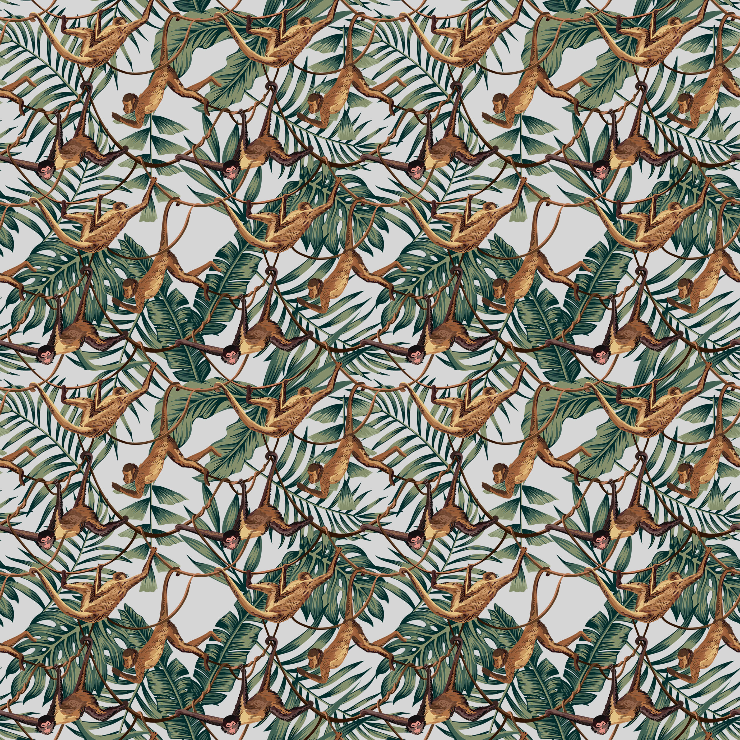 Bradley fabric with tropical monkey and leaf pattern in earthy brown and green tones perfect for home decor