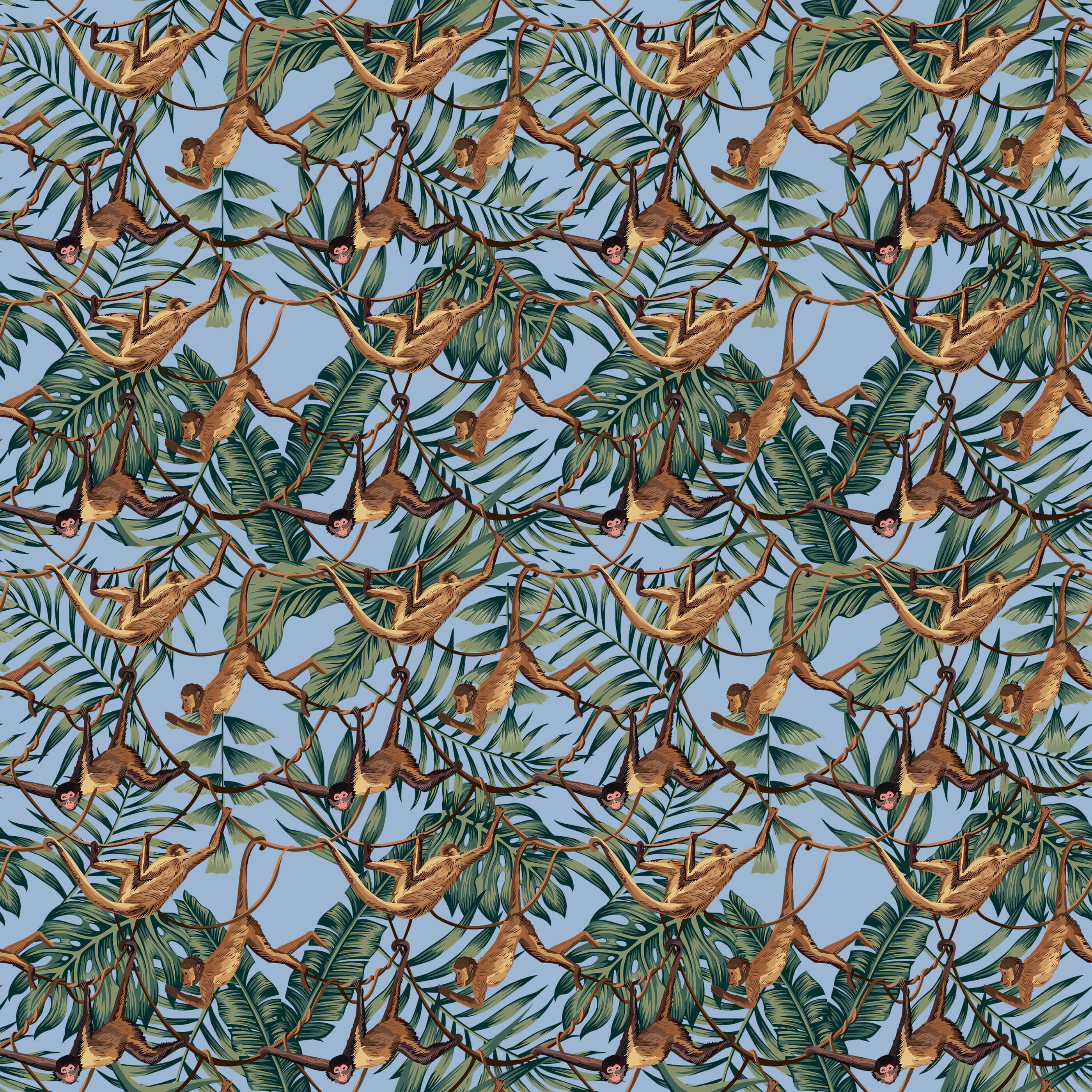 Bradley fabric with tropical monkey and leaf pattern in shades of brown green and light blue perfect for upholstery