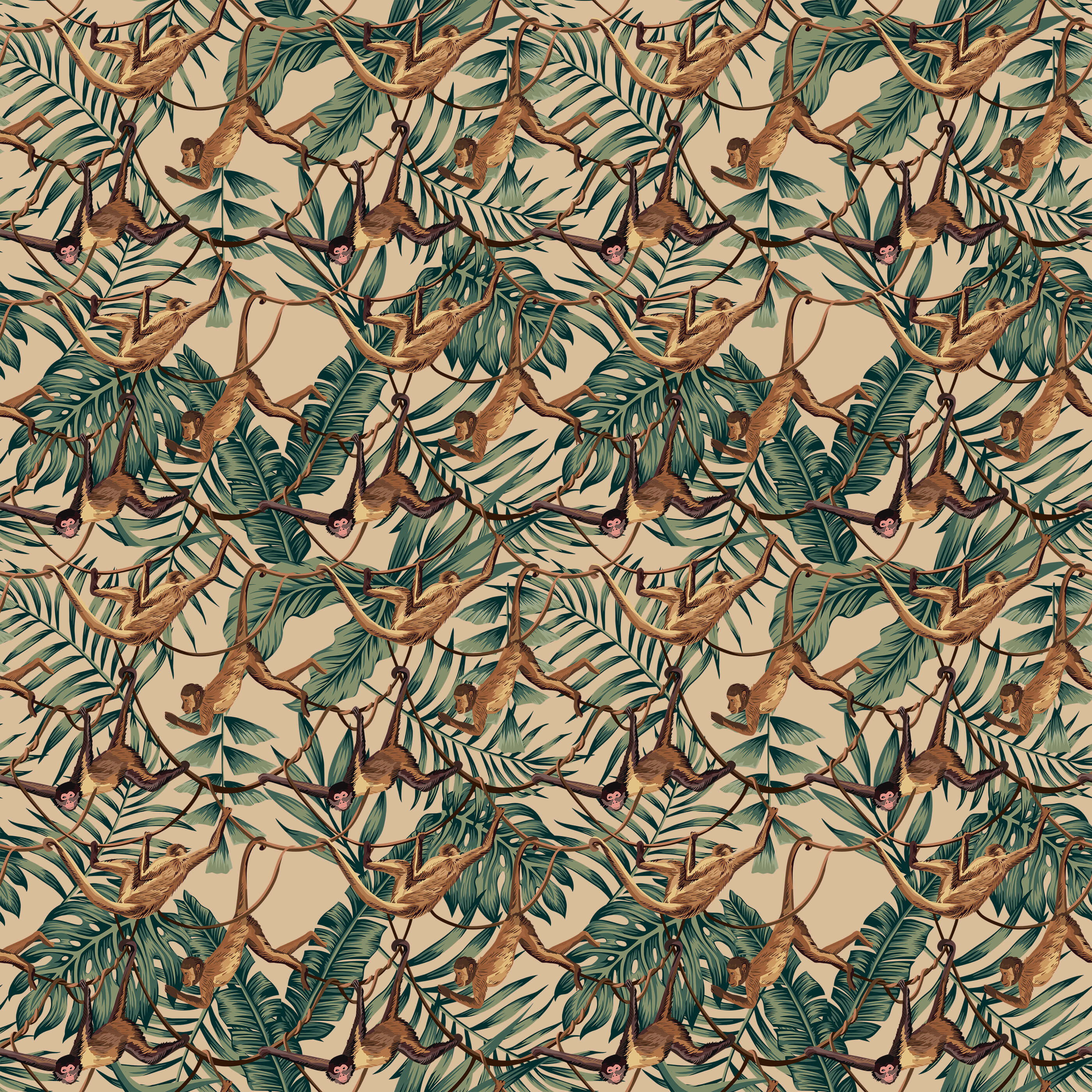 Bradley fabric with tropical monkey and leaf pattern in earthy tones perfect for upholstery or decor use