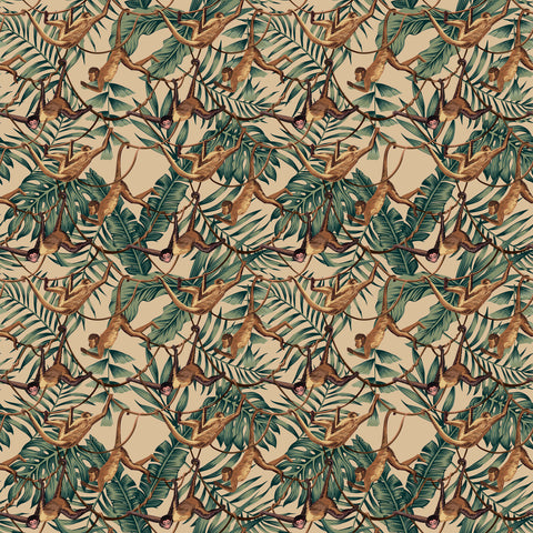 Bradley fabric with tropical monkey and leaf pattern in earthy tones perfect for upholstery or decor use